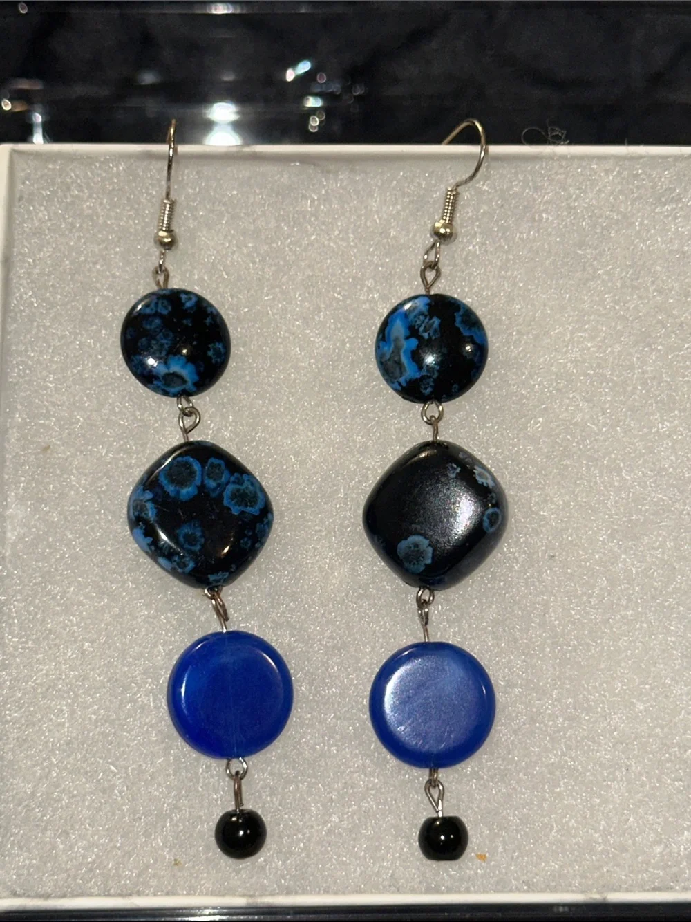 Handmade Blue and Black Bead Drop Earrings